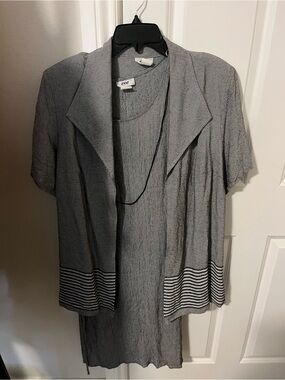 Eve Two-Piece Knit Cardigan Set in Heather Gray with Striped Hem